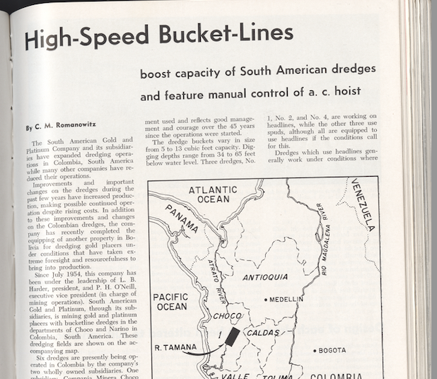 Artículo en inglés del julio de 1960 sobre las dragas del Chocó, en la revista Mining World