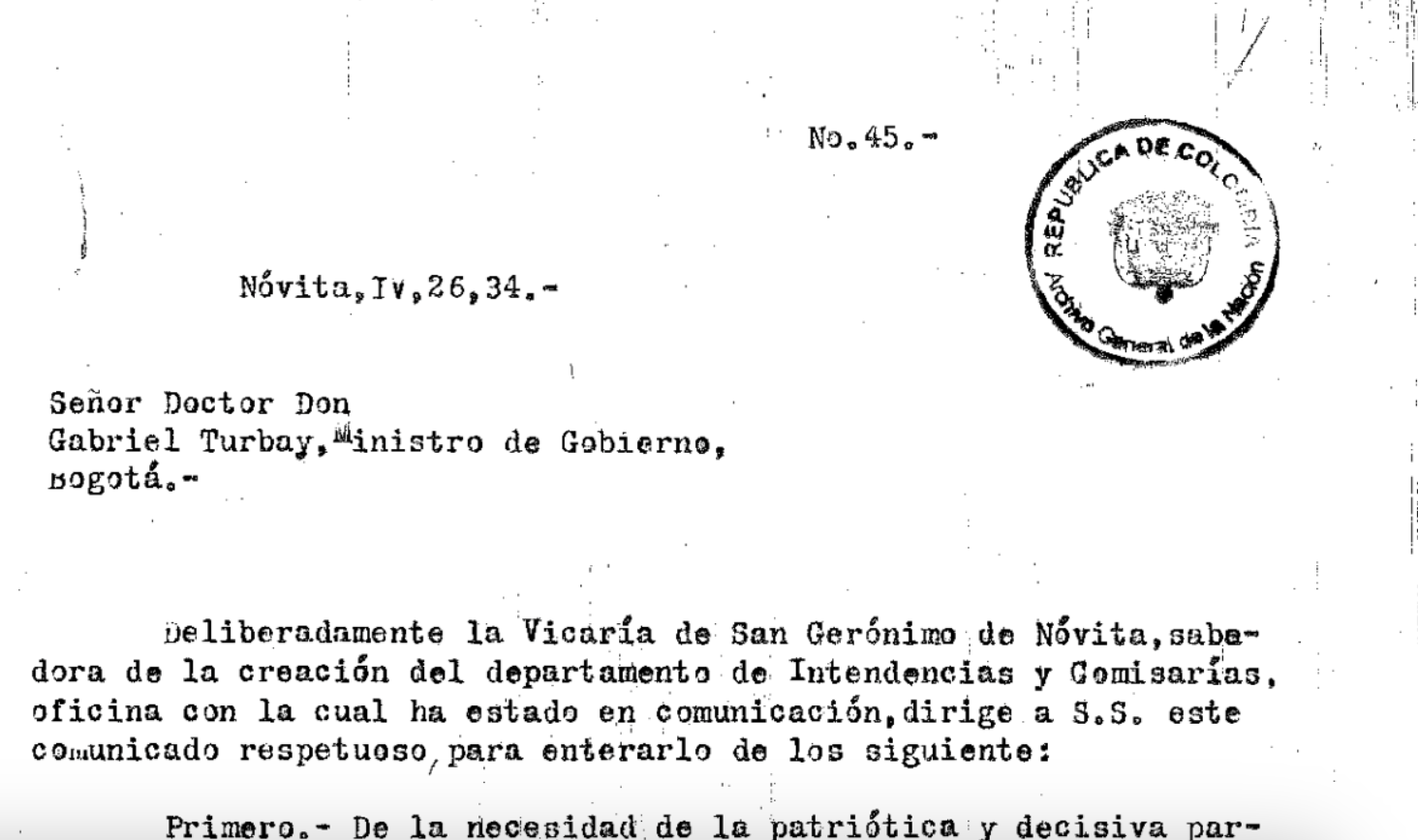 Una carta escrita en Nóvita en 1934, en defensa del Río Tamaná. Archivo General de la Nación